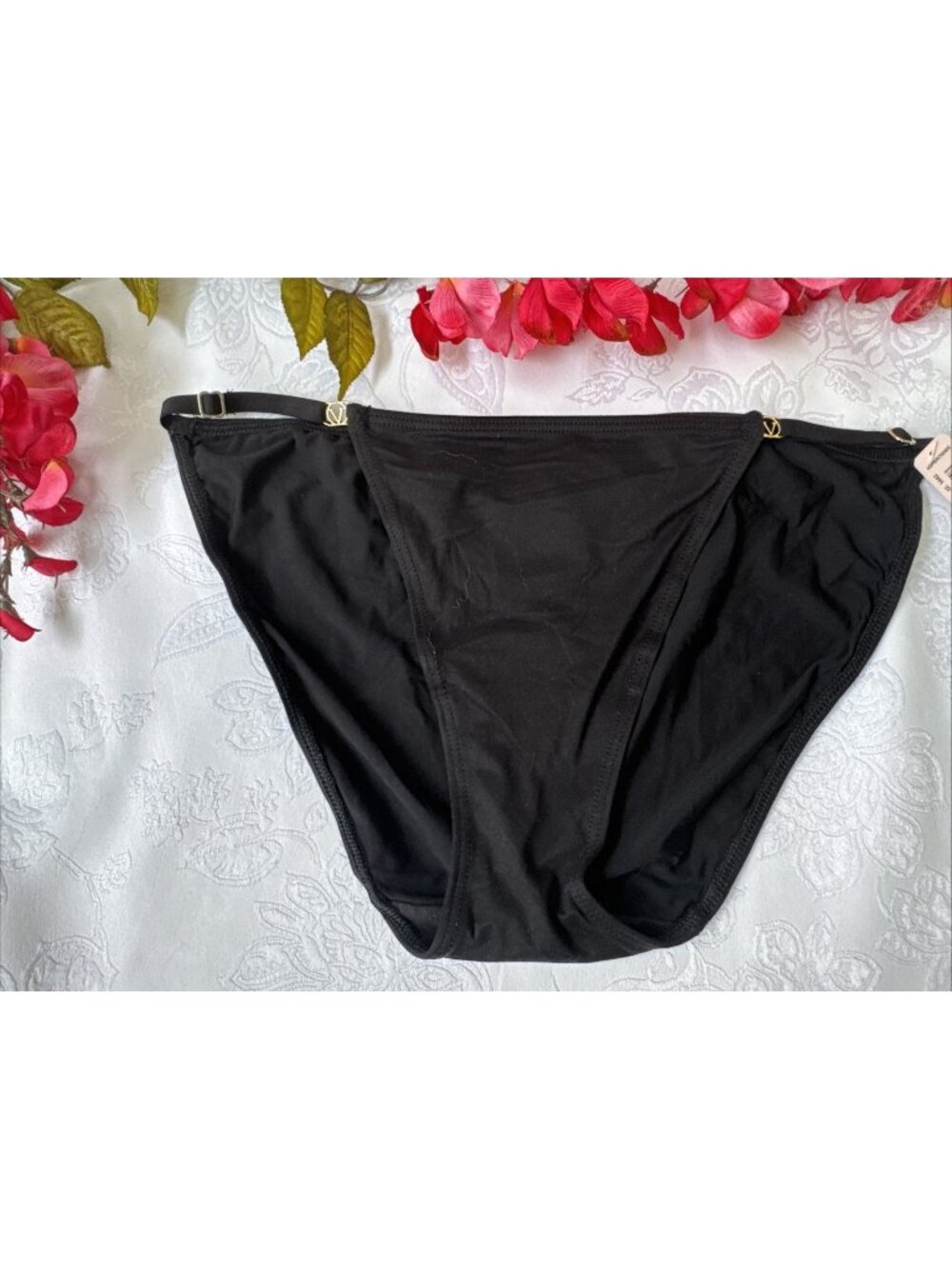 VICTORIA'S SECRET L BLACK SILKY STRING BIKINI CHARM ADJUST SIDES PANTIES NWT